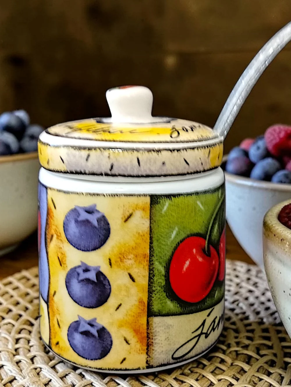Vintage MSC Joie De‎ Vivre Ceramic Jam Jelly Jar Lid Spoon Fruit Confiture Pot